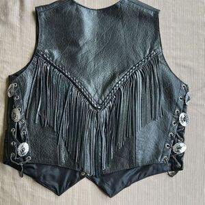 Unik Leather apparels Black Leather Vest XL Woman’s Fringe Braided Vintage